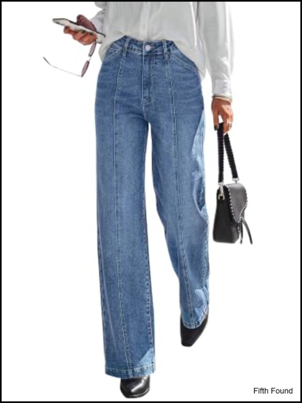Womens Stretch Denim Wide Straight Leg High Waisted Jeans 5 Pocket